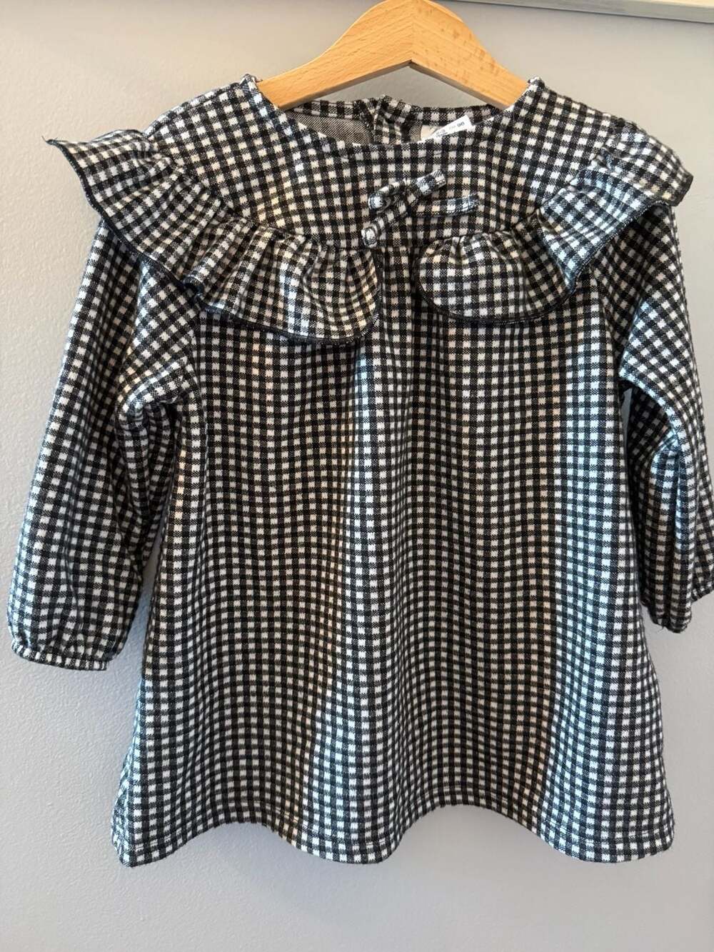 Zara Girls Black and White Gingham Plaid Ruffle Long Sleeve Dress